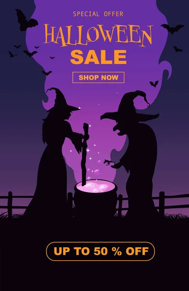 Halloween Promo Vente Flyer Avec Des Éléments Halloween Sorcières Brew — Image vectorielle