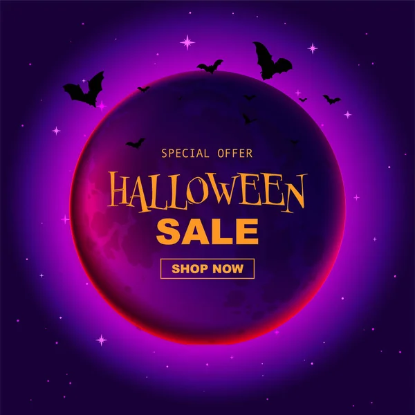 Halloween Sale Banner Spooky Cartoon Background Template Full Moon Flying — Stock Vector