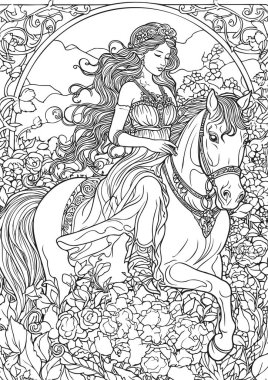 Enchanted Realm, Princess Coloring Book pages, linear Vector illustration clipart