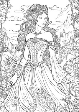 Enchanted Realm, Princess Coloring Book pages, linear Vector illustration clipart