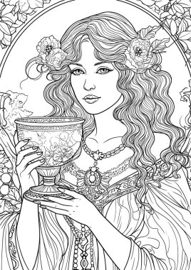 Büyüleyici gerçeklik, Prenses Boyama Kitabı sayfaları, doğrusal Vektör illüstrasyonu