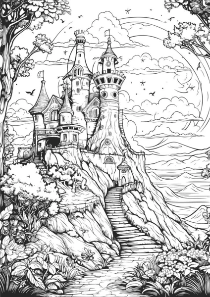 Royaume Enchanté Pages Livres Coloriage Princesse Illustration Vectorielle Linéaire — Image vectorielle