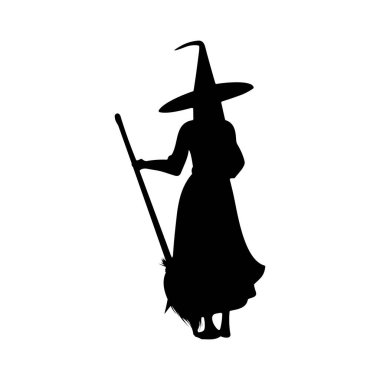 Cadı silueti cadılar bayramı element klipsi sanat ikonu, süpürge sopası, kazan iksiri. Vektör illüstrasyonu