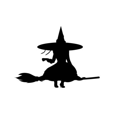 Cadı silueti cadılar bayramı element klipsi sanat ikonu, süpürge sopası, kazan iksiri. Vektör illüstrasyonu
