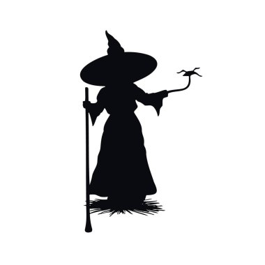 Cadı silueti cadılar bayramı element klipsi sanat ikonu, süpürge sopası, kazan iksiri. Vektör illüstrasyonu