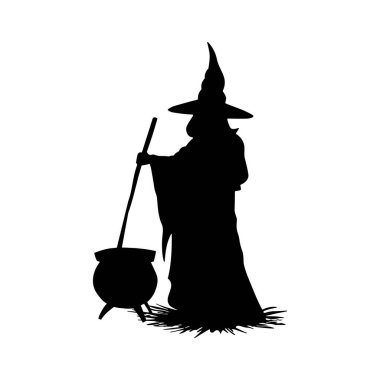 Cadı silueti cadılar bayramı element klipsi sanat ikonu, süpürge sopası, kazan iksiri. Vektör illüstrasyonu