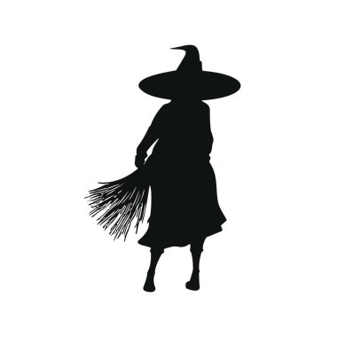 Witch silhouette halloween element clip art icon, broomstick, cauldron brewing potion. Vector illustration clipart