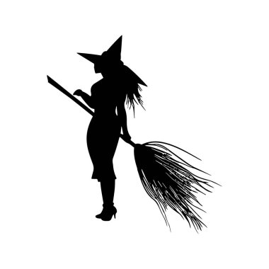 Cadı silueti cadılar bayramı element klipsi sanat ikonu, süpürge sopası, kazan iksiri. Vektör illüstrasyonu