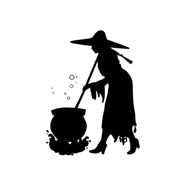 Witch Silhouette Halloween Element Clip Art Icon Broomstick Cauldron Brewing — Stock Vector