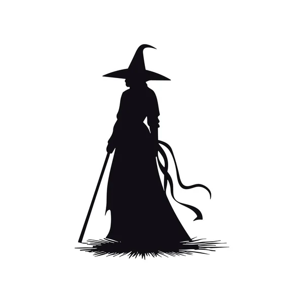 Boszorkány Sziluett Halloween Elem Klipsz Művészeti Ikon Seprűnyél Üst Főzet — Stock Vector