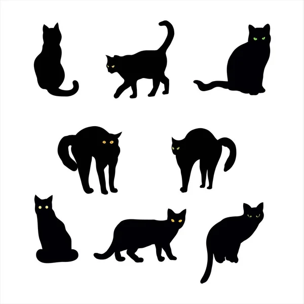Cadılar Bayramı konsepti için siyah kedi silueti koleksiyonu. Vektör illüstrasyonu arkaplandan izole edildi.