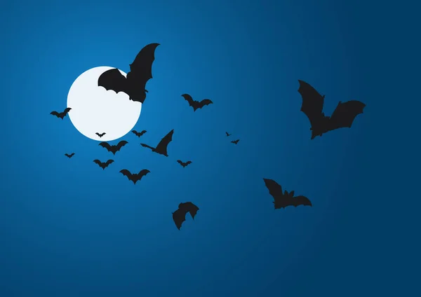 Flying Bats Blue Night Sky Full Moon Vector Illustration Halloween — Stock Vector