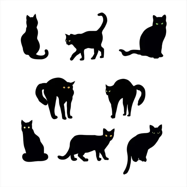 ハロウィンのコンセプトのための黒猫シルエットコレクション 背景から隔離されたベクターイラスト — ストックベクタ