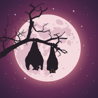 Ay gecesinde korkunç bir ağaç dalında asılı yarasalar, cadılar bayramı sahnesi. Vektör çizimi. Cadılar Bayramı geçmişi.