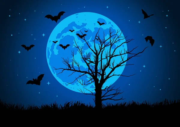 Sfondo Spettrale Halloween Con Albero Spaventoso Pipistrelli Volanti Luna Piena — Vettoriale Stock