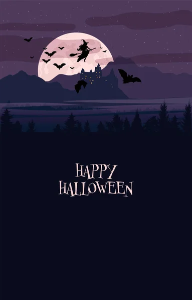 Halloween Banner Vorlage Grußkarte Fliegende Hexe Fledermaussilhouetten Vollmond Drachenburg Und — Stockvektor