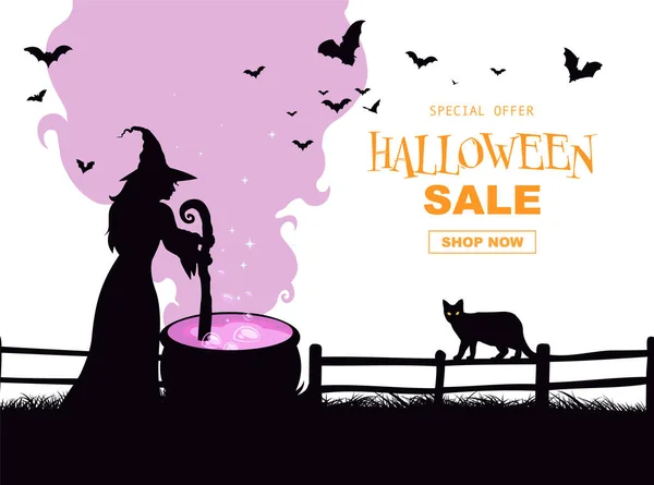 Halloween Promo Sale Flyer Halloween Elements Witches Brew Potion Cauldron — Stock Vector