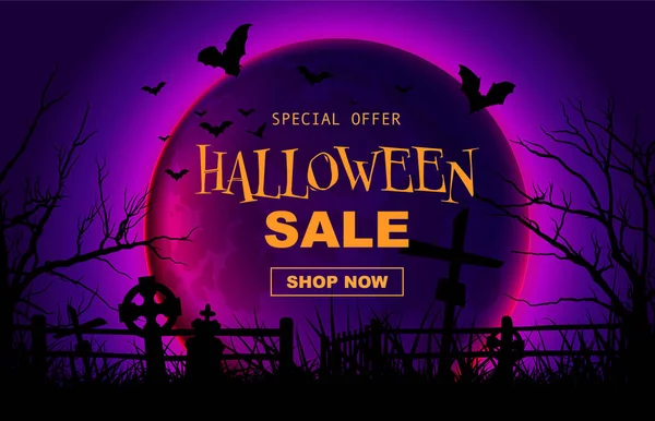 Halloween Verkauf Banner Gespenstischen Cartoon Hintergrund Vorlage Vollmond Mit Fliegenden — Stockvektor