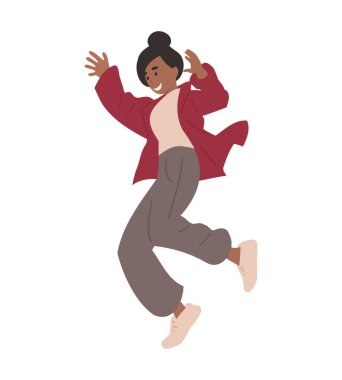 Mutlu gülüşler, zıplayan siyah kadın ve modern kıyafetlerle zaferi kutlamak. Eğlenen enerjik ve neşeli kadın ve erkeklerin derlemesi.