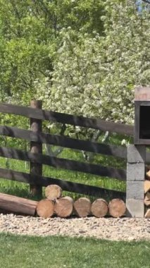  Çitin yanındaki odun yığını. Yüksek kalite 4k görüntü