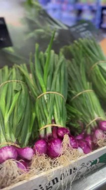 Renkli sebzeler bir pazar yerinde hafif sis altında sergileniyor. Yüksek kalite 4k görüntü