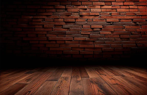 old room in brick wall with illuminated wood floor, interior background