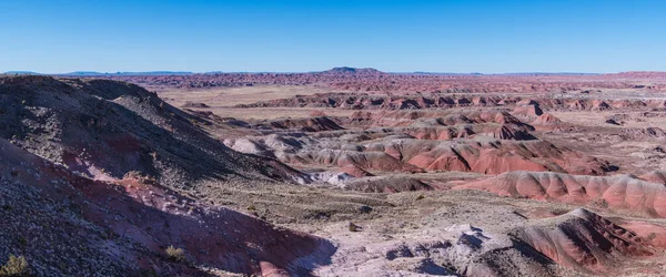 Arizona 'daki Taşlaşmış Orman Ulusal Parkı' ndaki Boyalı Çölün renkli çorak arazilerinin yüksek açılı manzarası.