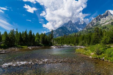 Wyoming 'deki Grand Teton Ulusal Parkı' nda geniş bir nehir yüksek dağ zirvelerine doğru akar.