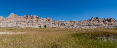 Güney Dakota 'daki Badlands Ulusal Parkı' ndaki çimenli bir çayırın üzerindeki renkli tepelerin panoramik manzarası