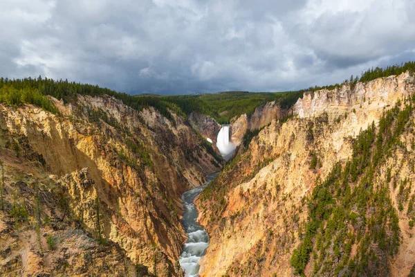 Yellowstone Ulusal Parkı, Wyoming 'deki Lower Falls ile Yellostone Büyük Kanyonu' nun engin manzarası