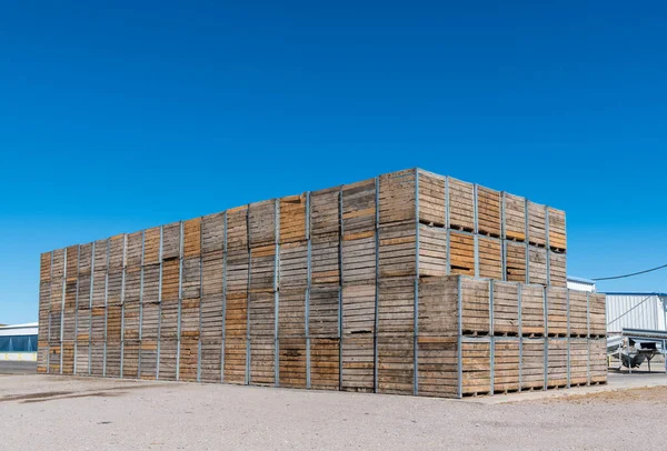 Tarım endüstrisi, New Mexico 'da fıstık depolamak için istiflenmiş odun kutularının olduğu bir yer.