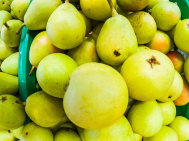 Evin sebze bahçesinde yetiştirilen armut grubunu kapat. Diyet yapmak için süpermarketten meyve al.  