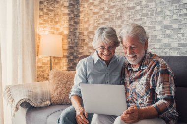 Kanepede birlikte oturup dizüstü bilgisayar kullanan sevimli yaşlı insanlar. 