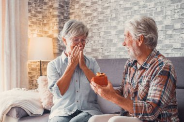 Evde birlikte eğlenen iki tatlı ve yaşlı yaşlının portresi. Olgun bir adam karısına yılbaşı ya da yıldönümü hediyesi veriyor. Şaşkın emekli kadın şimdiki zamana bakıyor.. 