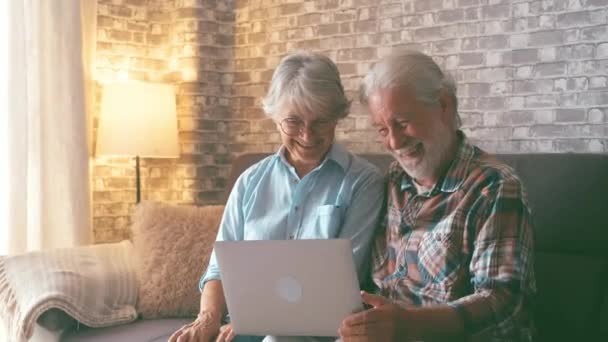 Linda Pareja Ancianos Sentados Sofá Utilizando Ordenador Portátil Juntos Compras — Vídeo de stock