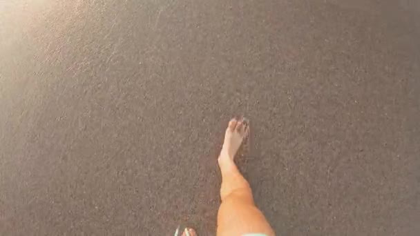 Vista Primeira Pessoa Homem Férias Caminhando Por Uma Costa Arenosa — Vídeo de Stock
