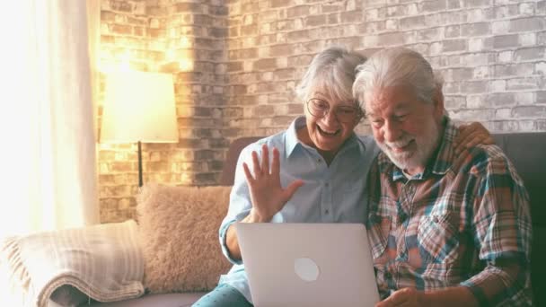 Dos Personas Maduras Sala Estar Disfrutando Tecnología Hablando Videollamada Con — Vídeos de Stock