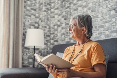 Oturma odasındaki rahat koltukta oturan mutlu, sarışın kadın ilginç kitaplar okuyor. Gülümseyen yaşlı, emekli büyükanne evde yalnız başına en sevdiği romanla hafta sonu tatilinin tadını çıkarıyor..
