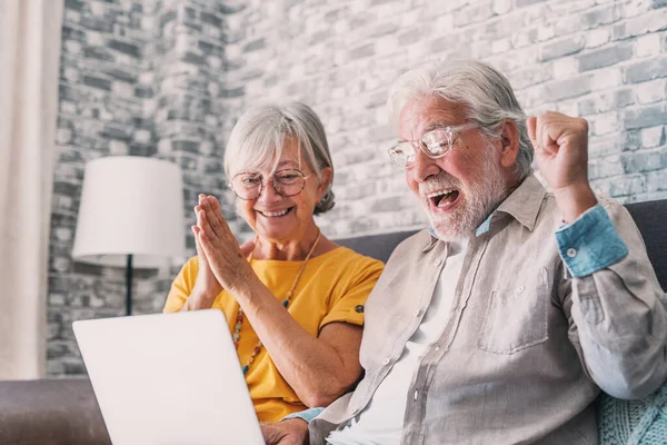 Excited senior mature couple surprised by good unbelievable news, unexpected win, huge shopping sale offer on website, astonished older middle aged family looking at computer screen feeling amazed