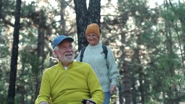 Aufnahmen Von Schönen Romantischen Senioren Beim Gemeinsamen Trekking Der Natur — Stockvideo