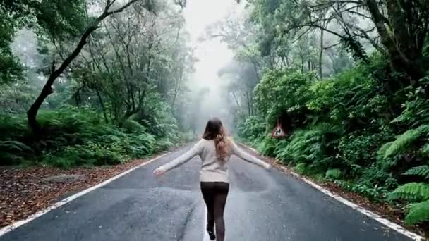 Imagens Bela Jovem Caminhando Estrada Floresta — Vídeo de Stock