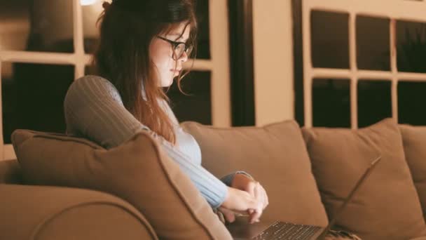 Evde Dizüstü Bilgisayarla Çalışan Kendine Güvenen Genç Kadınının Görüntüleri — Stok video