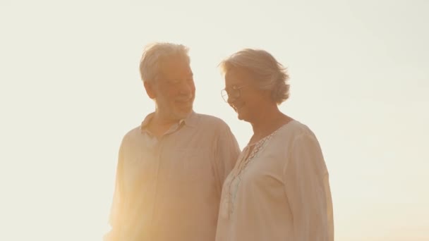 Imagens Dois Idosos Felizes Ativos Pensionistas Divertindo Desfrutando Olhar Para — Vídeo de Stock