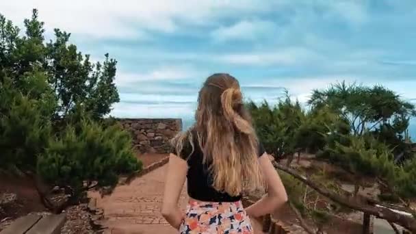 Кадри Красивої Молодої Жінки Яка Спостерігає Мальовничому Морі Високої Точки — стокове відео