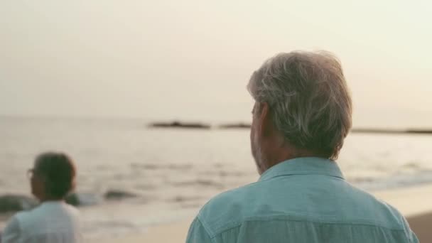 Imágenes Dos Jubilados Pensionistas Felices Activos Divirtiéndose Disfrutando Mirando Atardecer — Vídeo de stock