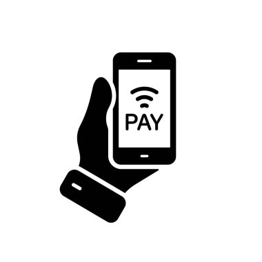 Akıllı Telefon Erişimi Para Ödeme Silüeti Simgesi. Cep Telefonu Glyph Pictogram 'ında Temassız Ödeme Teknolojisi. Cep telefonundaki dijital bankacılık servisi. İzole Vektör İllüstrasyonu.