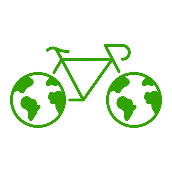 带轮子的自行车在行星地球形状的轮廓图标 环保交通象形文字 绿色能源自行车 节能环球环保标志 生态交通 孤立的病媒图解 — 图库矢量图片