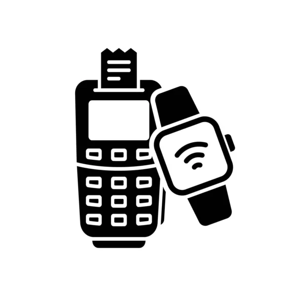 使用Smartwatch Silhouette Icon进行计算机无线支付 终端象形文字上的Nfc数字支付事务 电子射频识别 Rfid 无携卡收费图标手表 孤立的病媒图解 — 图库矢量图片