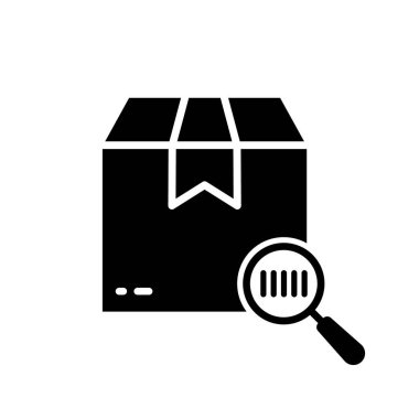 Mukavva Paket Siluet Simgesindeki Arama Ürünleri Bar Kodu. İzleme Numarası Glyph Pictogram 'a bakın. Büyüteç Tarayıcı Simgesi ile Paket Kutusunda Eşsiz Barkod Bul. İzole Vektör İllüstrasyonu.