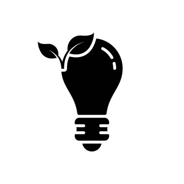 Ampul Eko Elektrik Siluet Simgesi. Ekolojik Düşük Enerji Ampul Kabartması Pictogram. Yaprak Çevre Koruma Siyah Simgesi ile Ekoloji Lambası. İzole Vektör İllüstrasyonu.